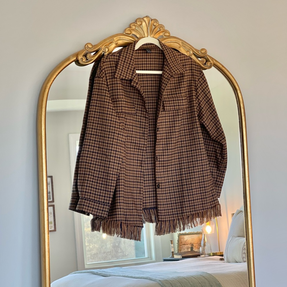 Clasi Plaid Print Drop Shoulder Fringe Trim Coat